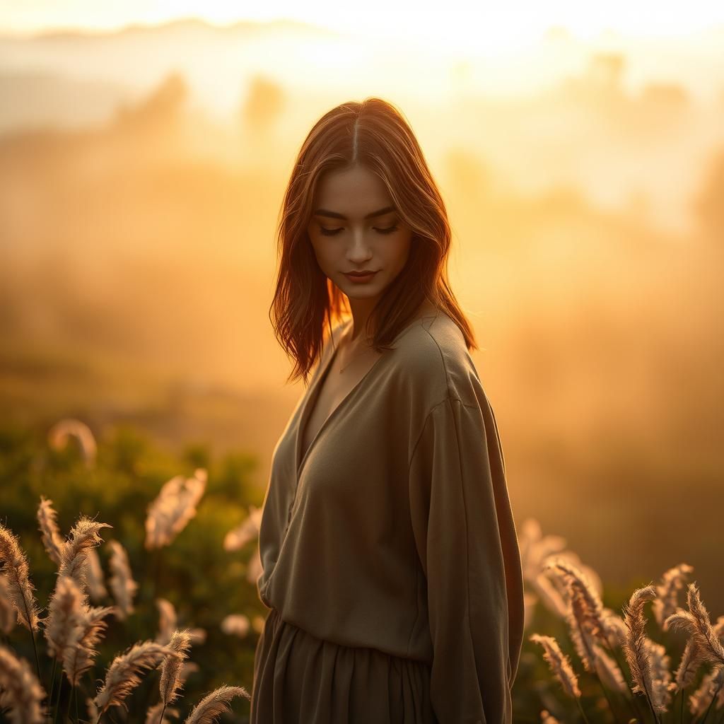 Contemplative Figure in Golden Hour Landscape