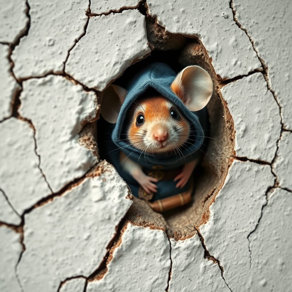 Mouse Peeking From Wall Hole in Hyperrealistic 3D