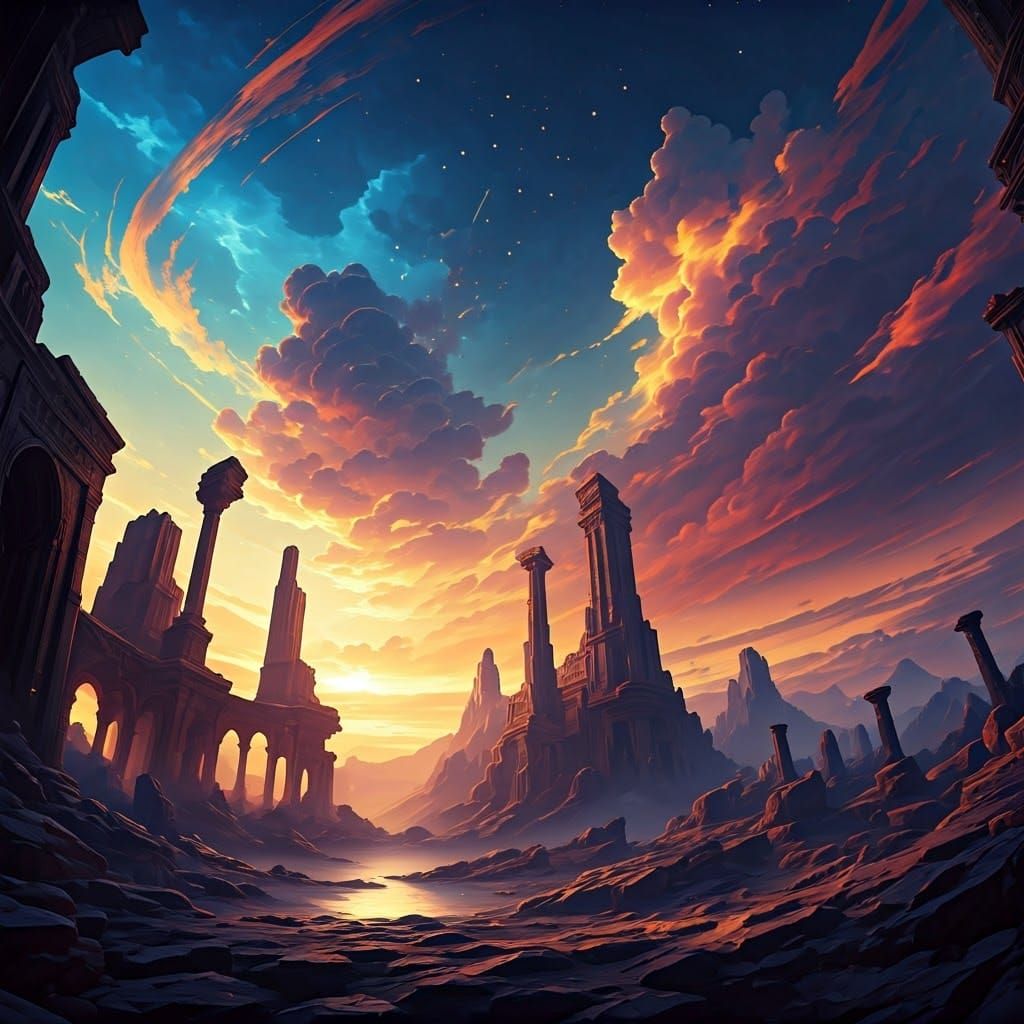 Dreamlike Landscape with Swirling Clouds in Matte Painting S...