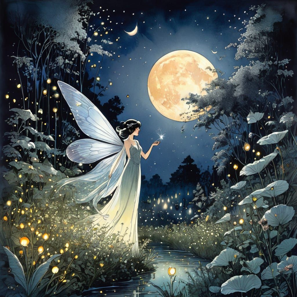 Ethereal Fairy Queen in a Night Garden of Fireflies