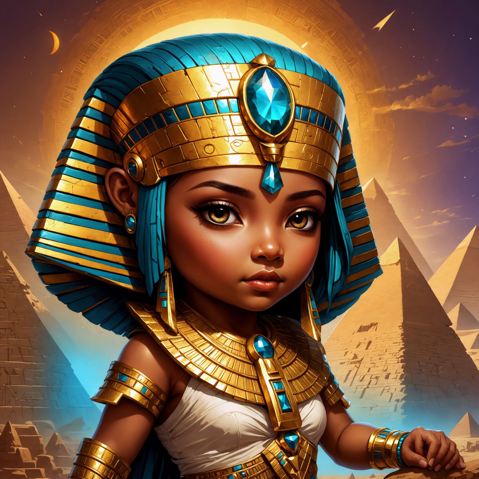 Chibi Queen Hetepheres with Pyramids, Metallic Art