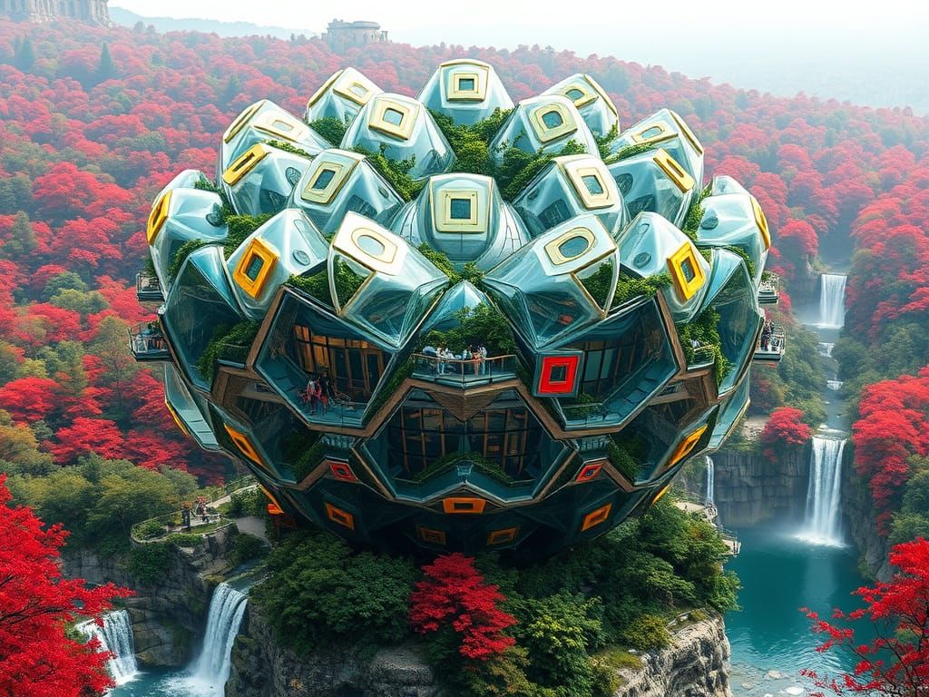 Ethereal Teslapunk Abode Amidst Red Forest