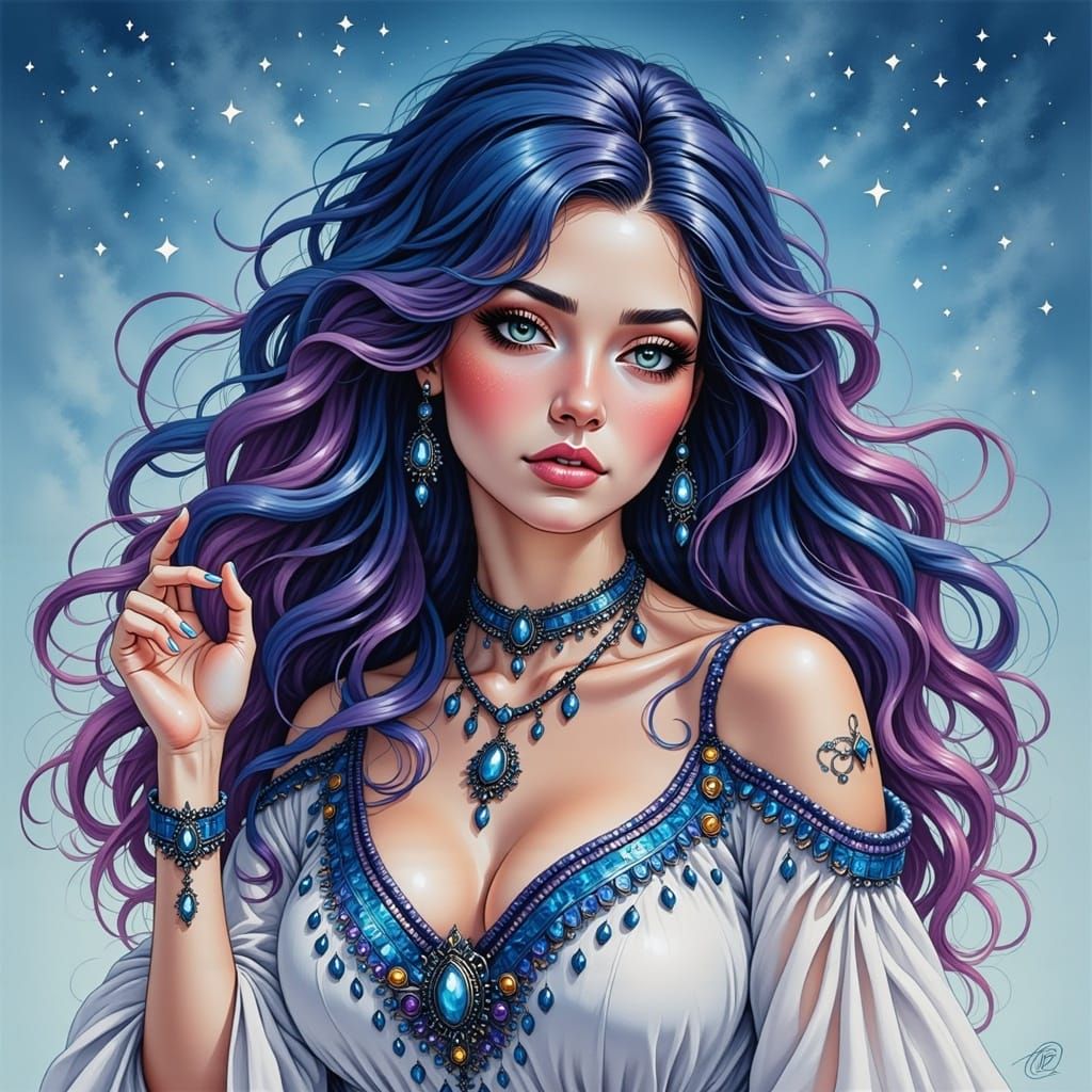 Cyberpunk Goddess with Vibrant Hair and Jewelry