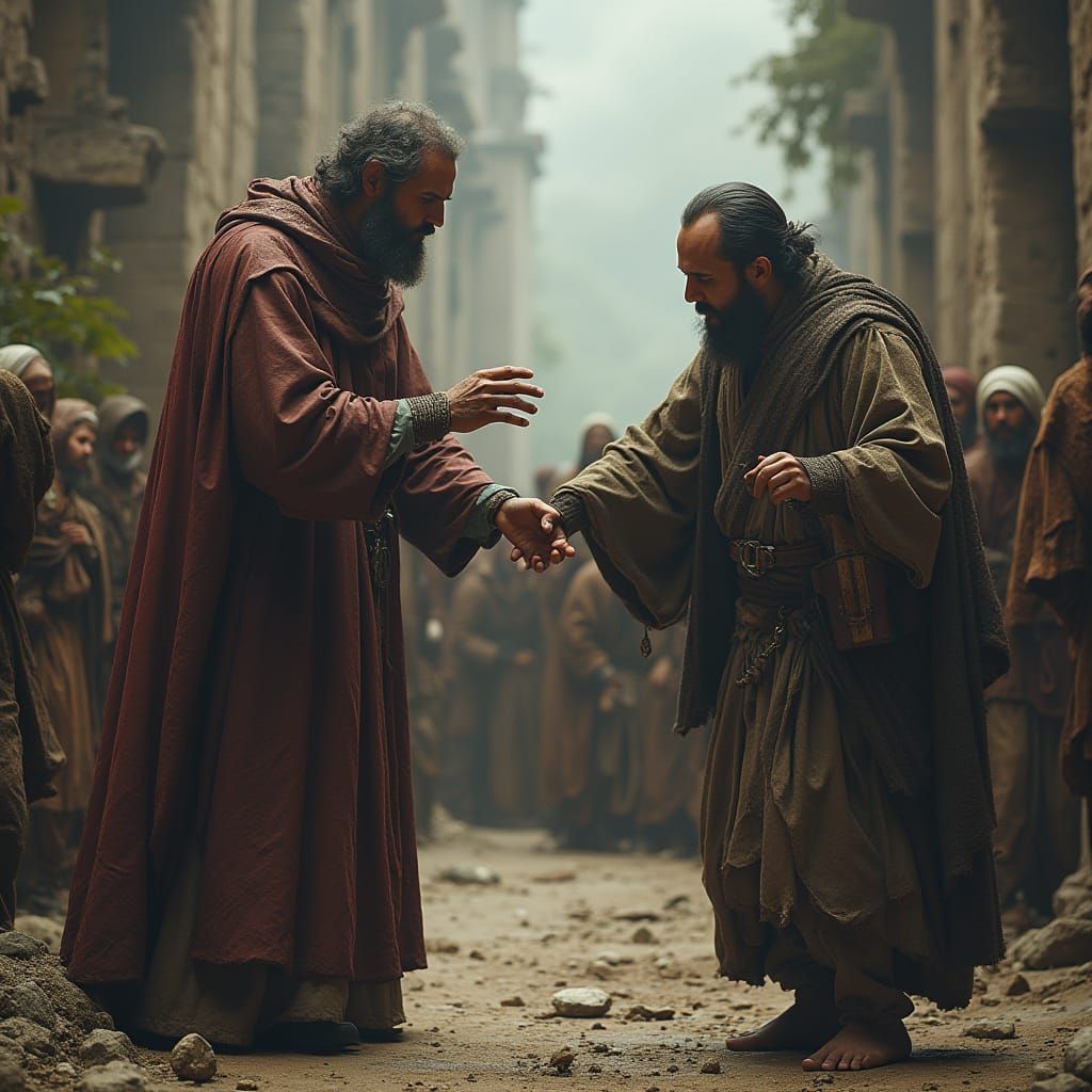 Priest Rescues Starving Man in Fantasy Art Style