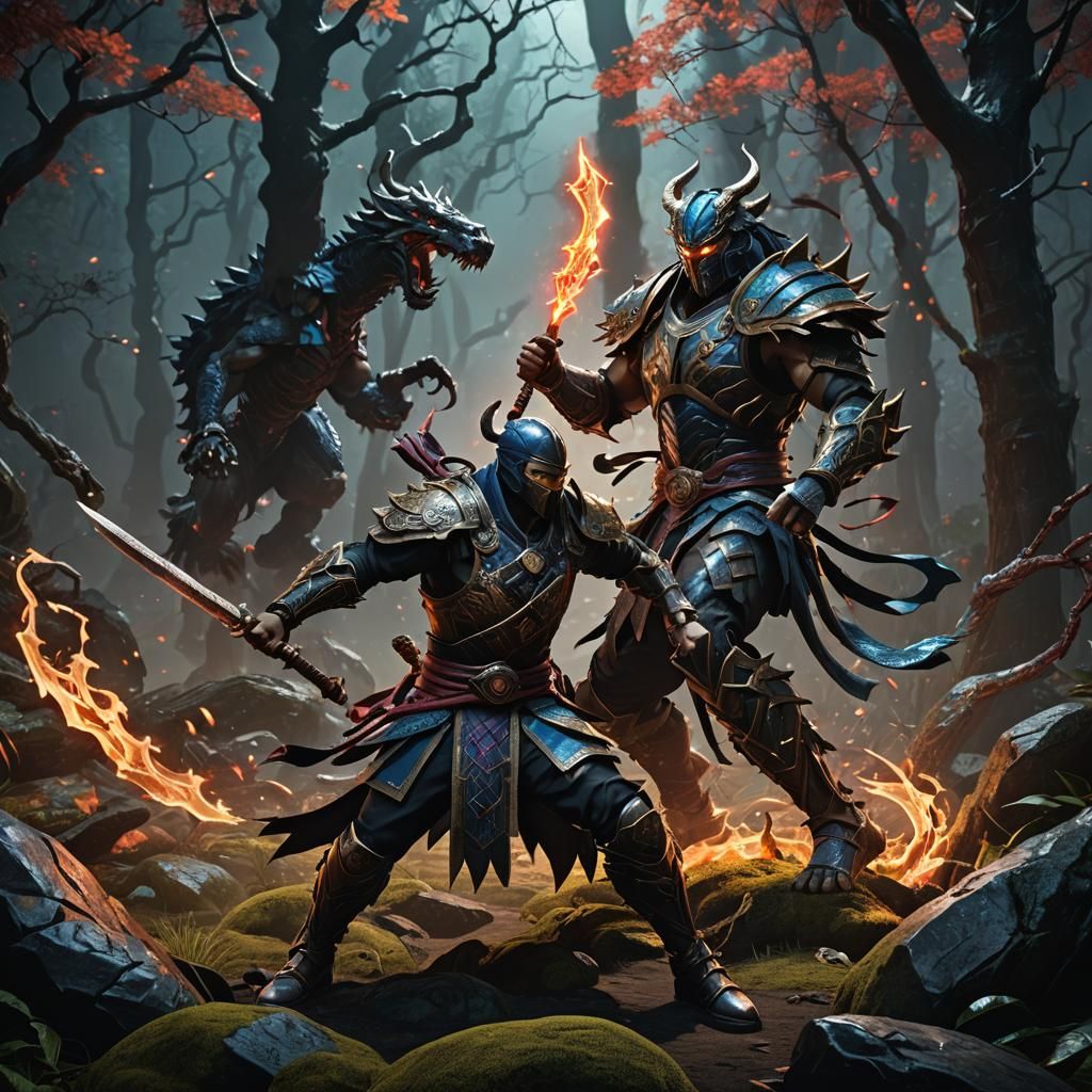 Mystical Forest Battle: Warrior vs Monster in Anime Style