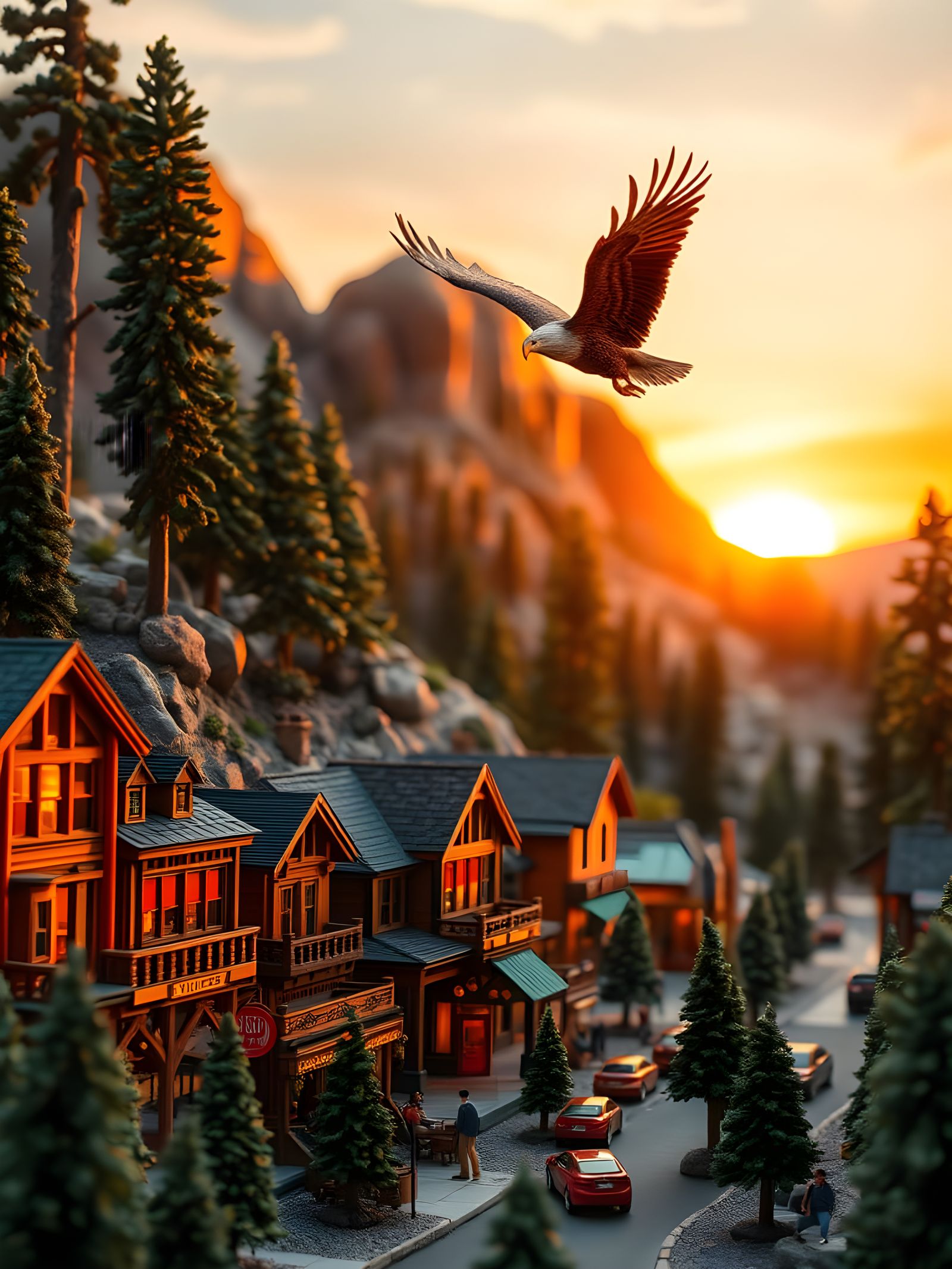 Dramatic Mountain Village Diorama in Sunset Colors