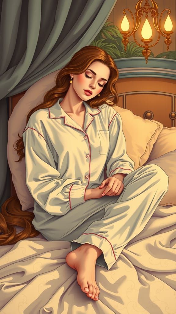 Serene Woman in Pajamas, Art Nouveau Style