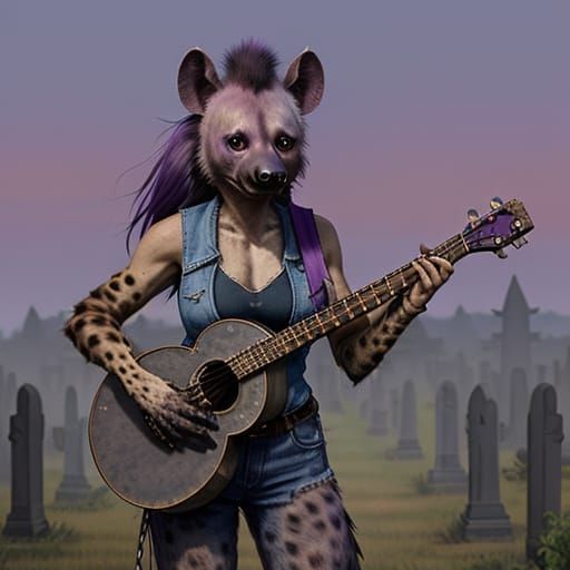 She-Hyena Plays Banjo in Watercolor Graveyard