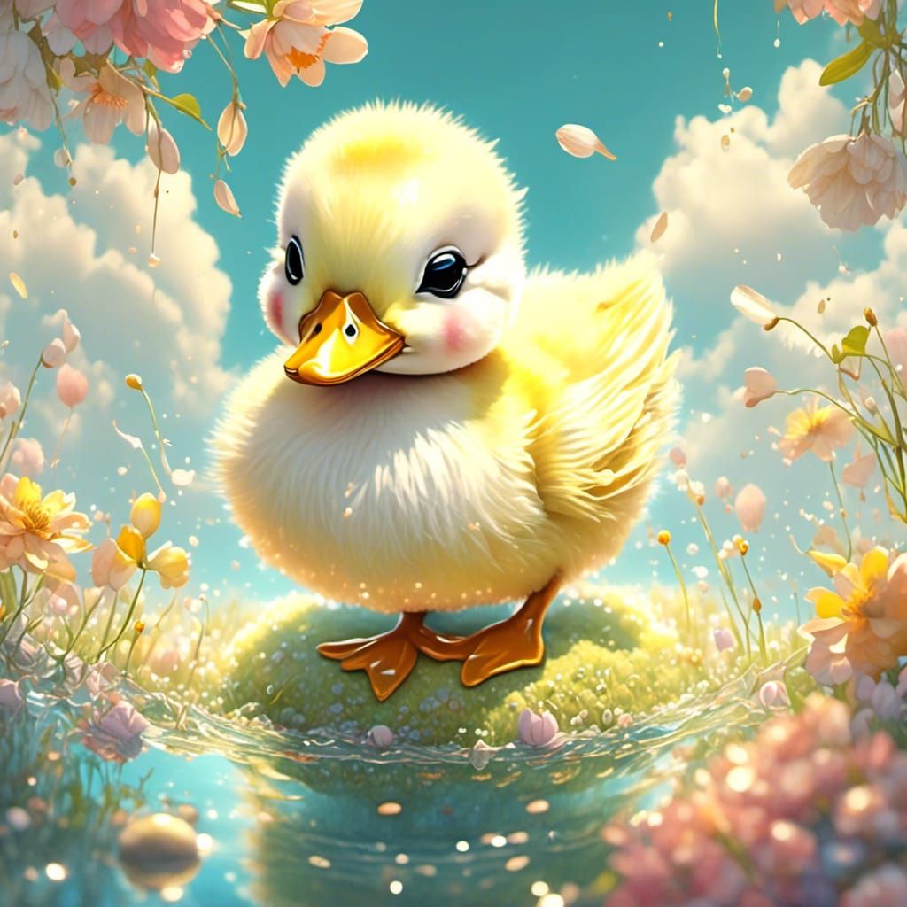 Cute Chibi Duckling in Watercolor Style