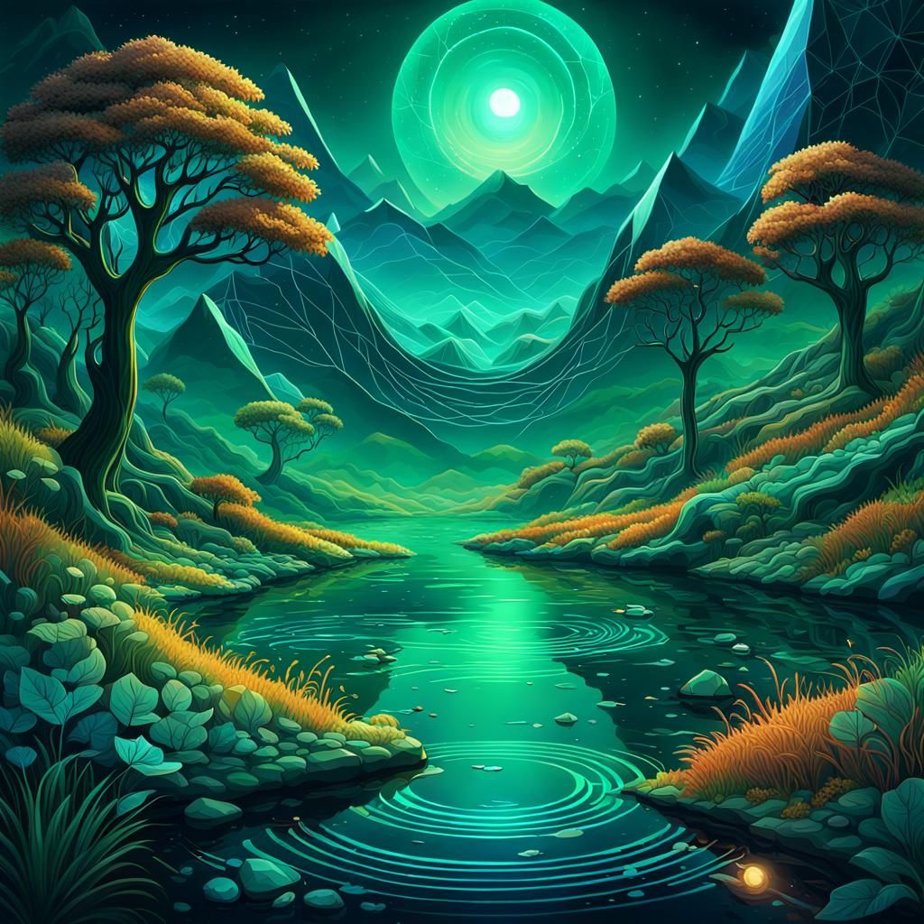 Mystical Landscape with Geometric Pattern in Digital Art
