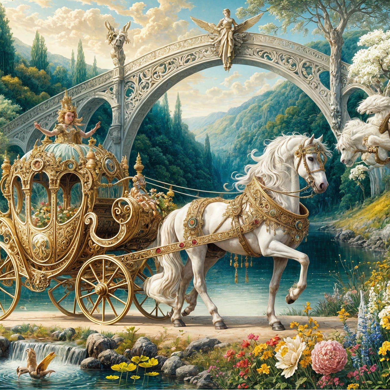 A majestic white horse pulls a golden fairy tale carriage