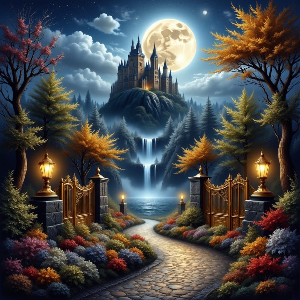 Mystical English Garden at Golden Gate with Castle and Water...