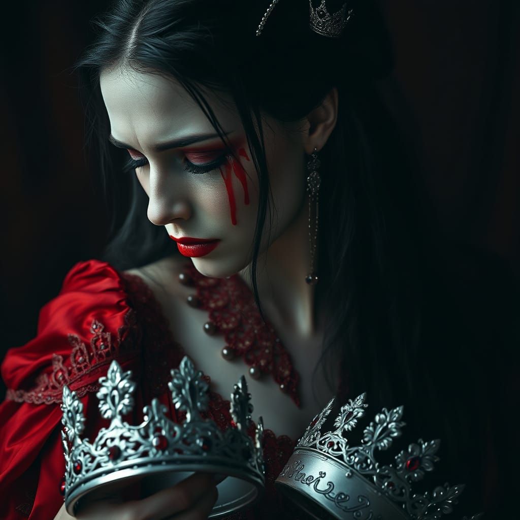 A Sorrowful Queen in Crimson Grief, Inspired by Dark Fantasy...