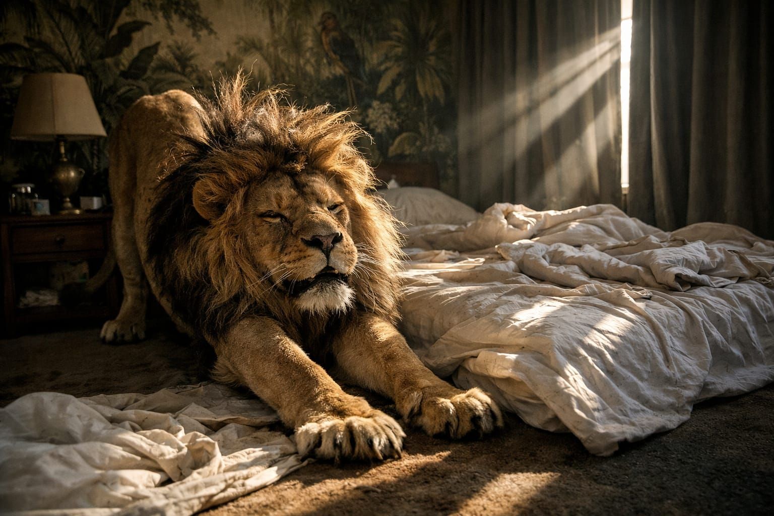 Realistic Lion Wakes Up in Jungle Bedroom