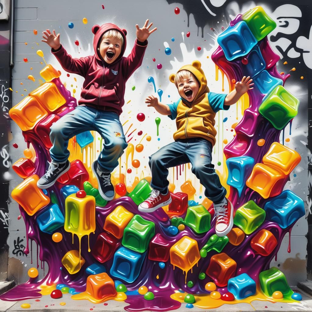Boys Jumping on Jelly Block in Street Art Style
