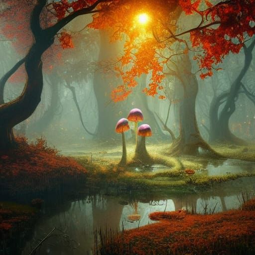 Enchanted Mushroom Swamp with Autumn Ghosts