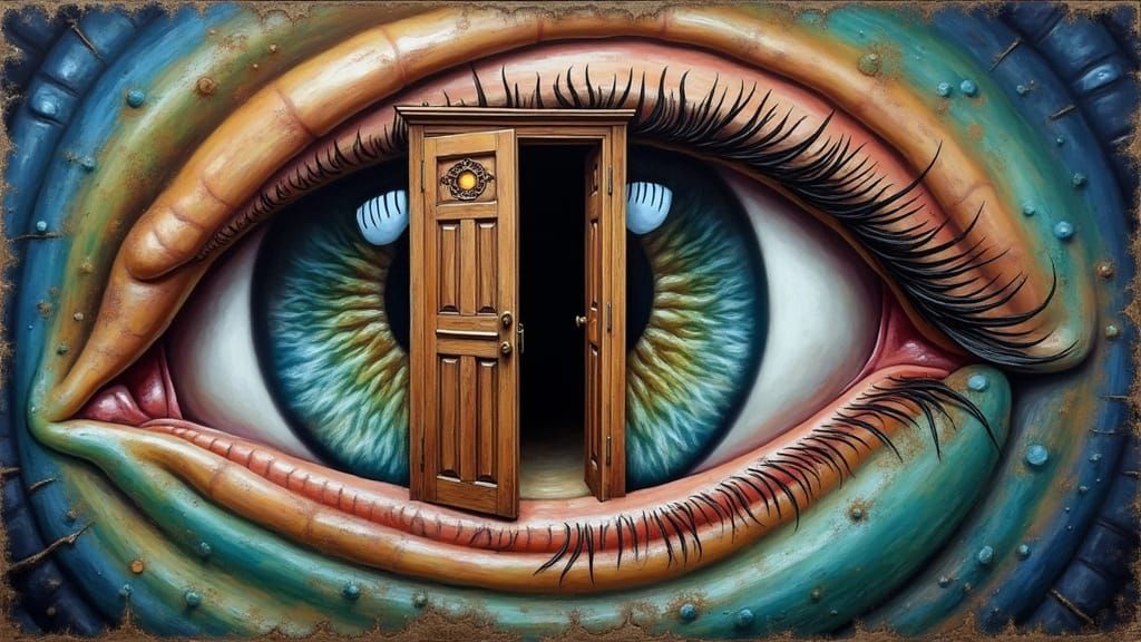 Surreal Eye with Wooden Door in Dark Biomechanical Style