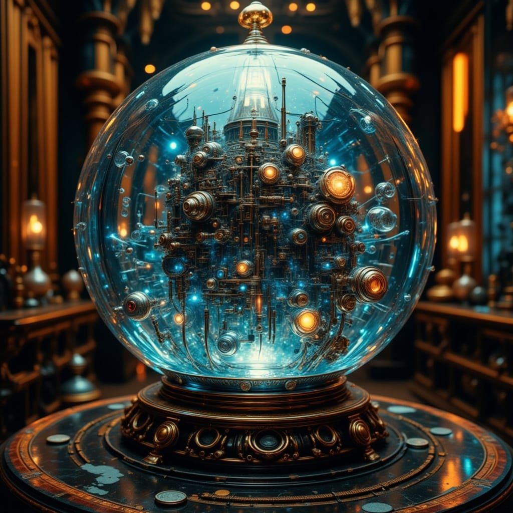 Steampunk Crystal Sphere in a Luxurious Black and Gold Room