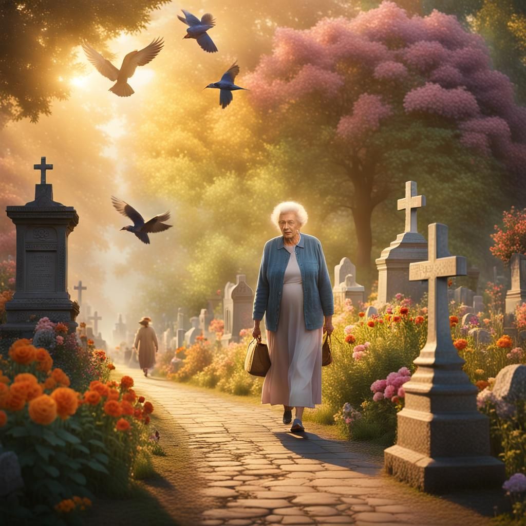Paradise Cemetery Scene in Ethereal Oil Painting