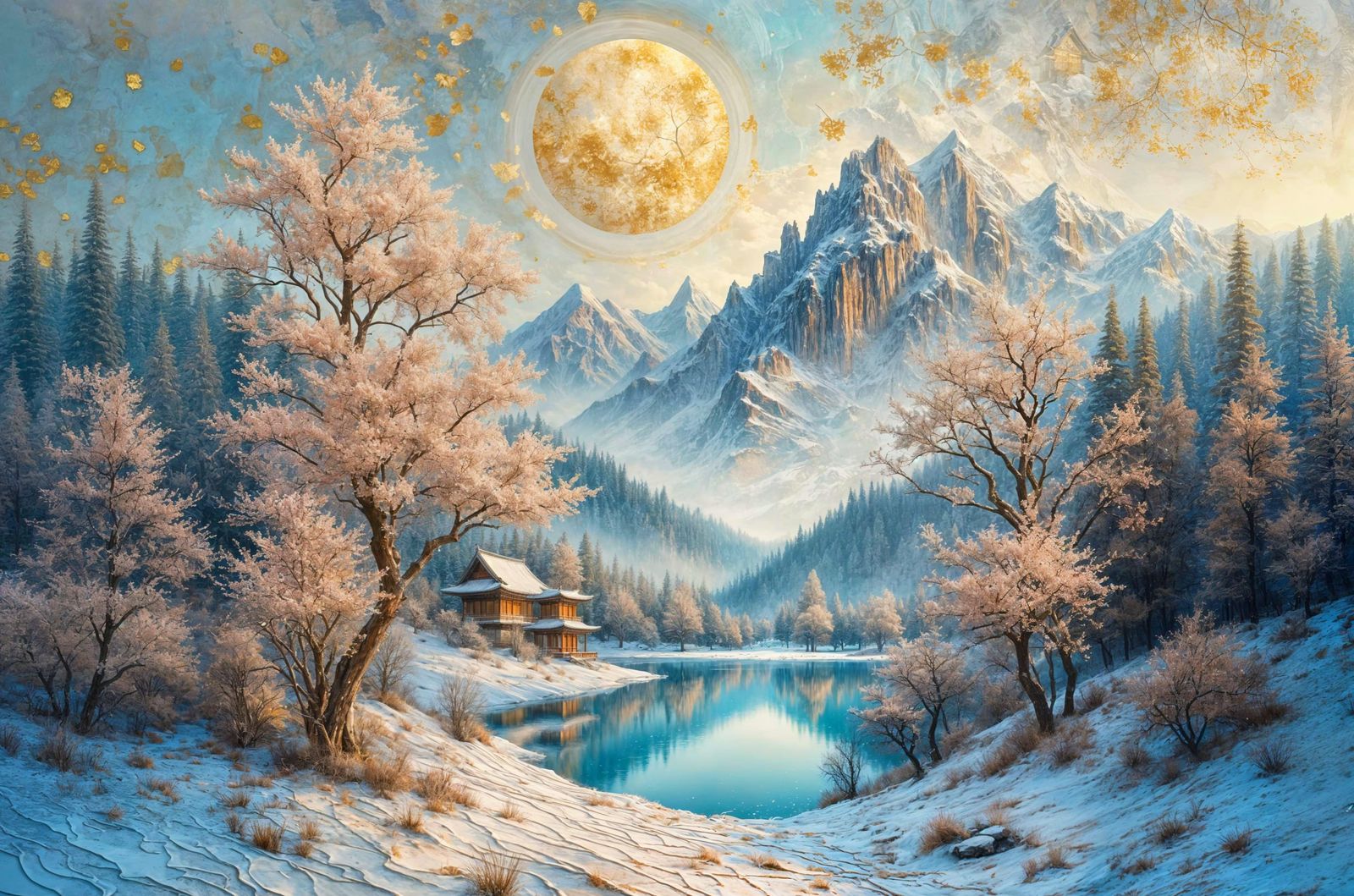 Ethereal Misty Scene of Almond Blossoms and Snowy Mountains