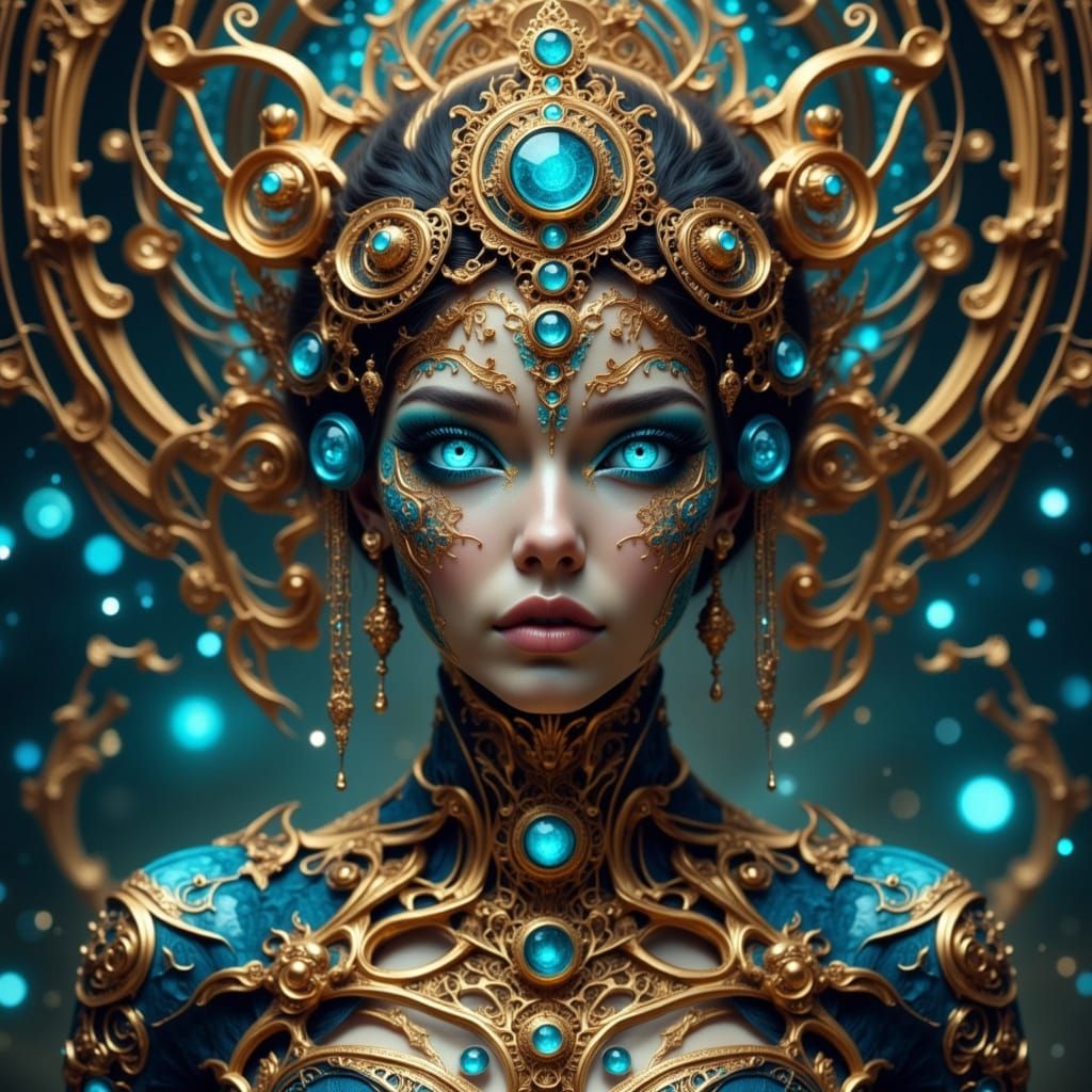 Clockwork Oracle with Azure Runes, Neo-Baroque Portrait