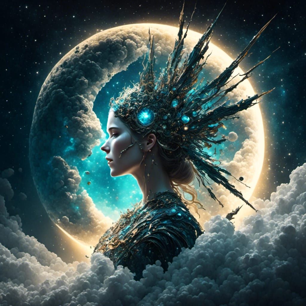 Hyperreal Raven on Skull Under Full Moon