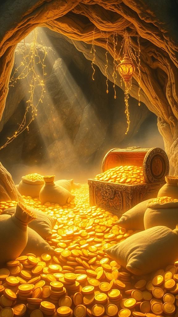 Mystical Treasure Cave Overflowing with Golden Light