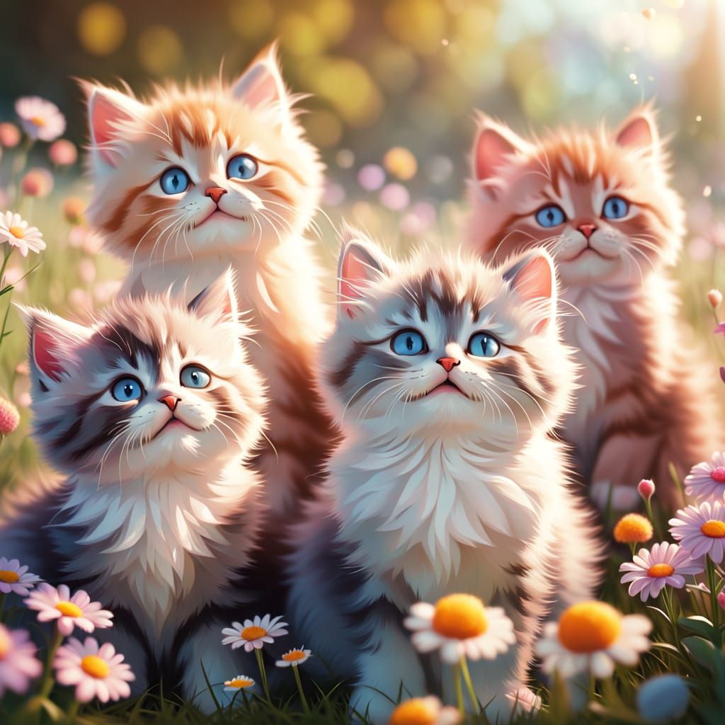 Adorable Fluffy Kittens in Sunny Flower Meadow