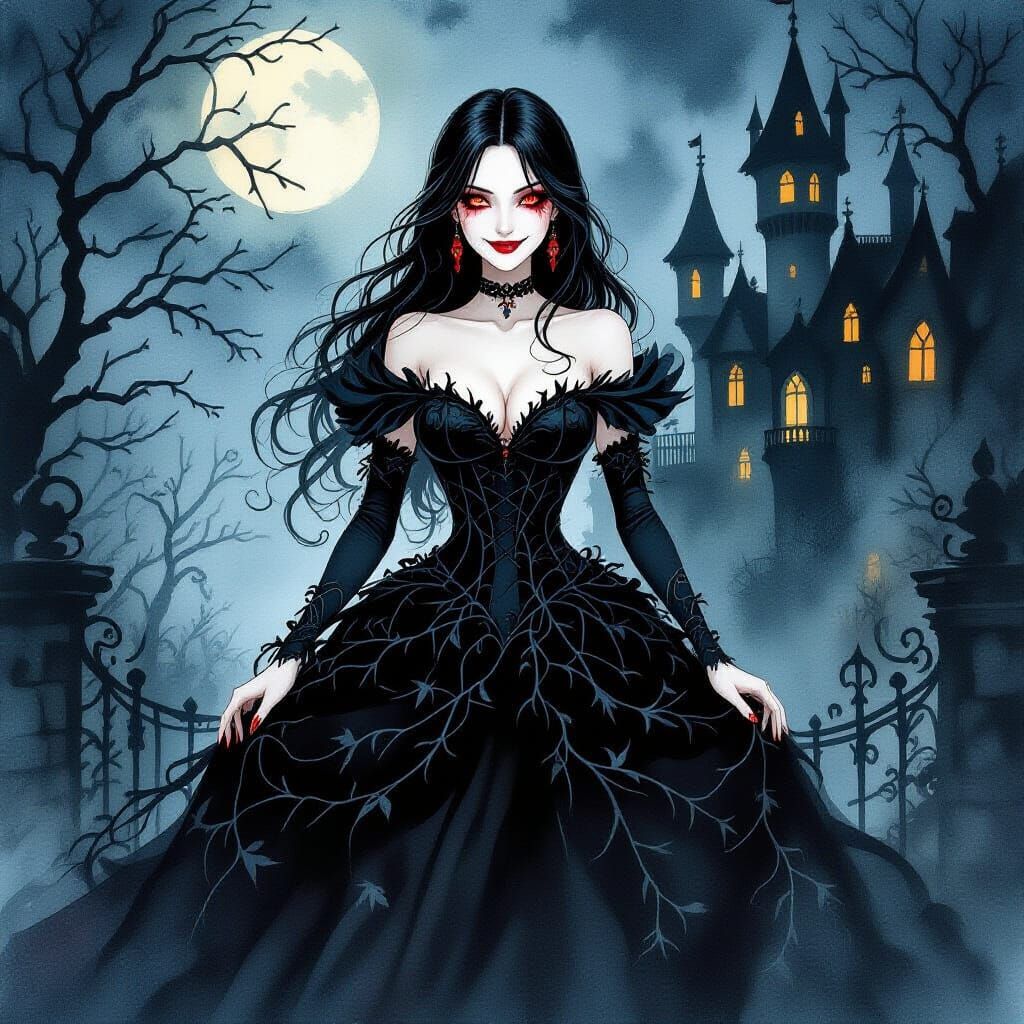 Black-Haired Woman in Vine Gown, Watercolor Style