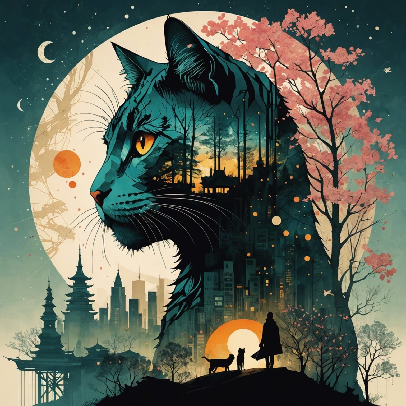 Surreal Double Exposure Cat in Maximalist Style