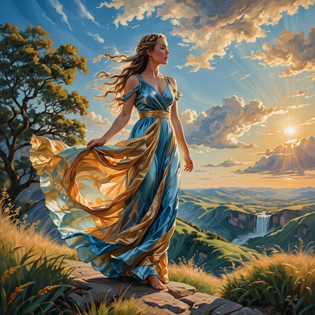 Curvy Woman in Blue Gown, Vibrant Oil Painting