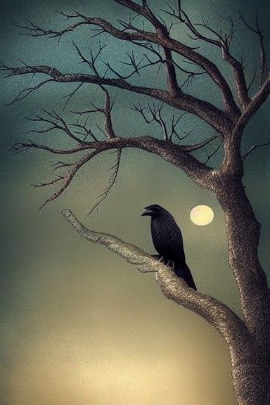 Dark Crow on Tree in Fantasy Landscape