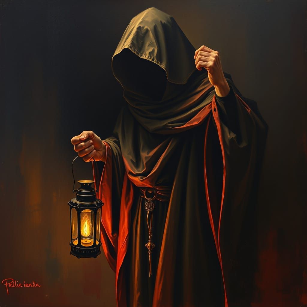 Dark Allegory Painting of Mysterious Figure with Lantern