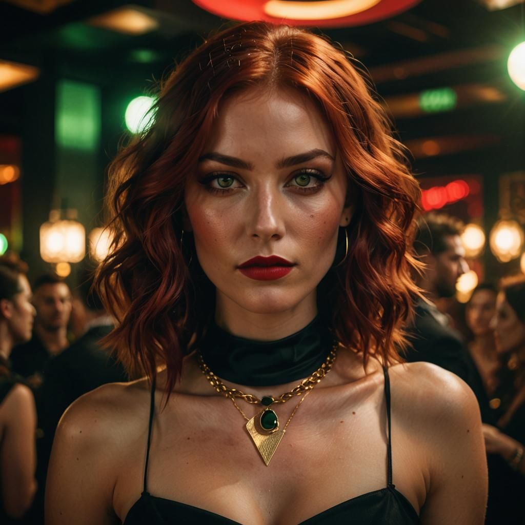 Glamorous Woman in Nightclub with Flowing Red Hair