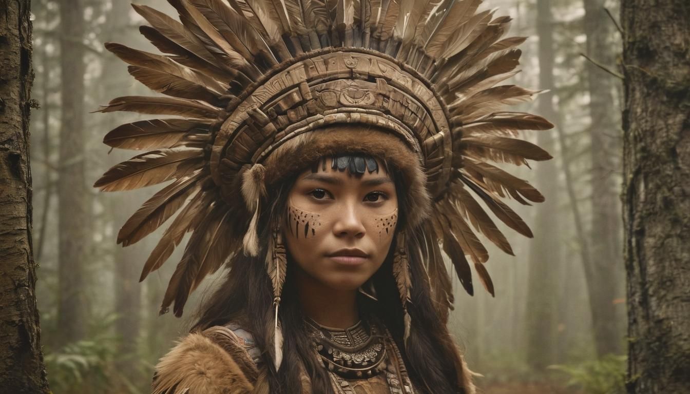 First Nations Portrait in Misty Forest, Earthy Tones