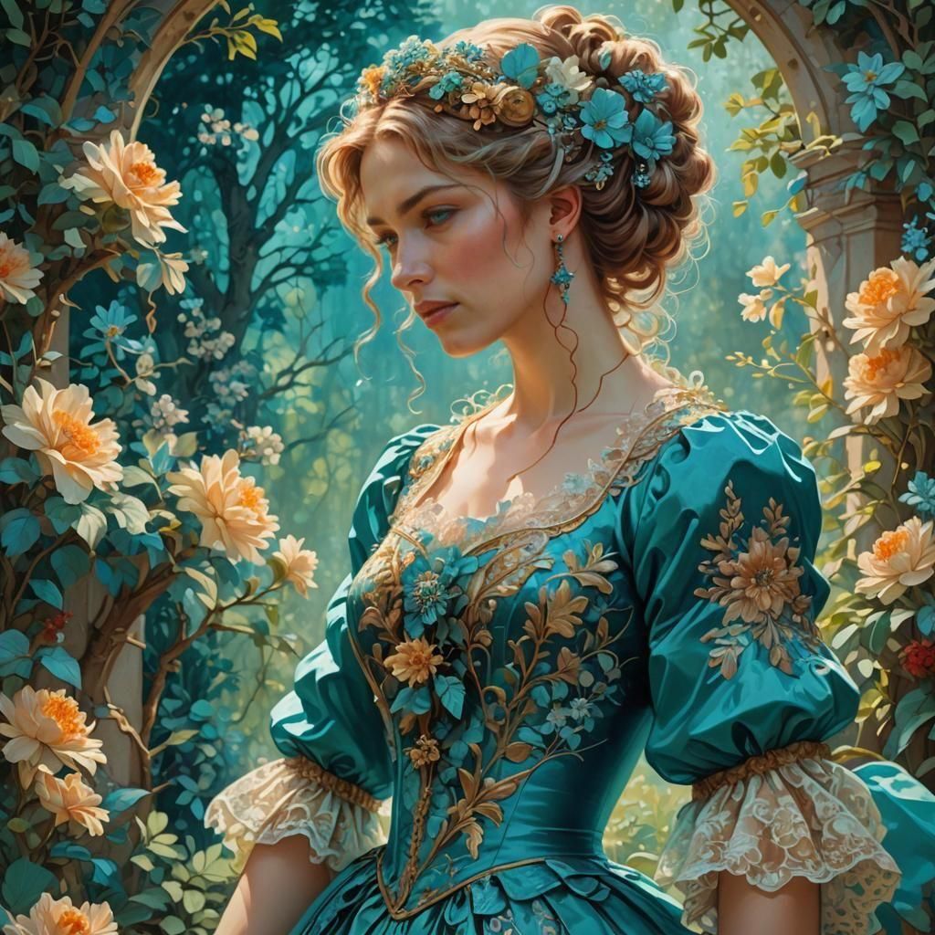 Woman in Turquoise Dress, Rococo Style, Hyperdetailed