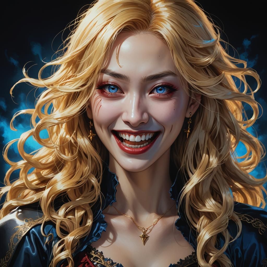 Anime Portrait of Golden-Haired Vampire in Cel-Shaded Style