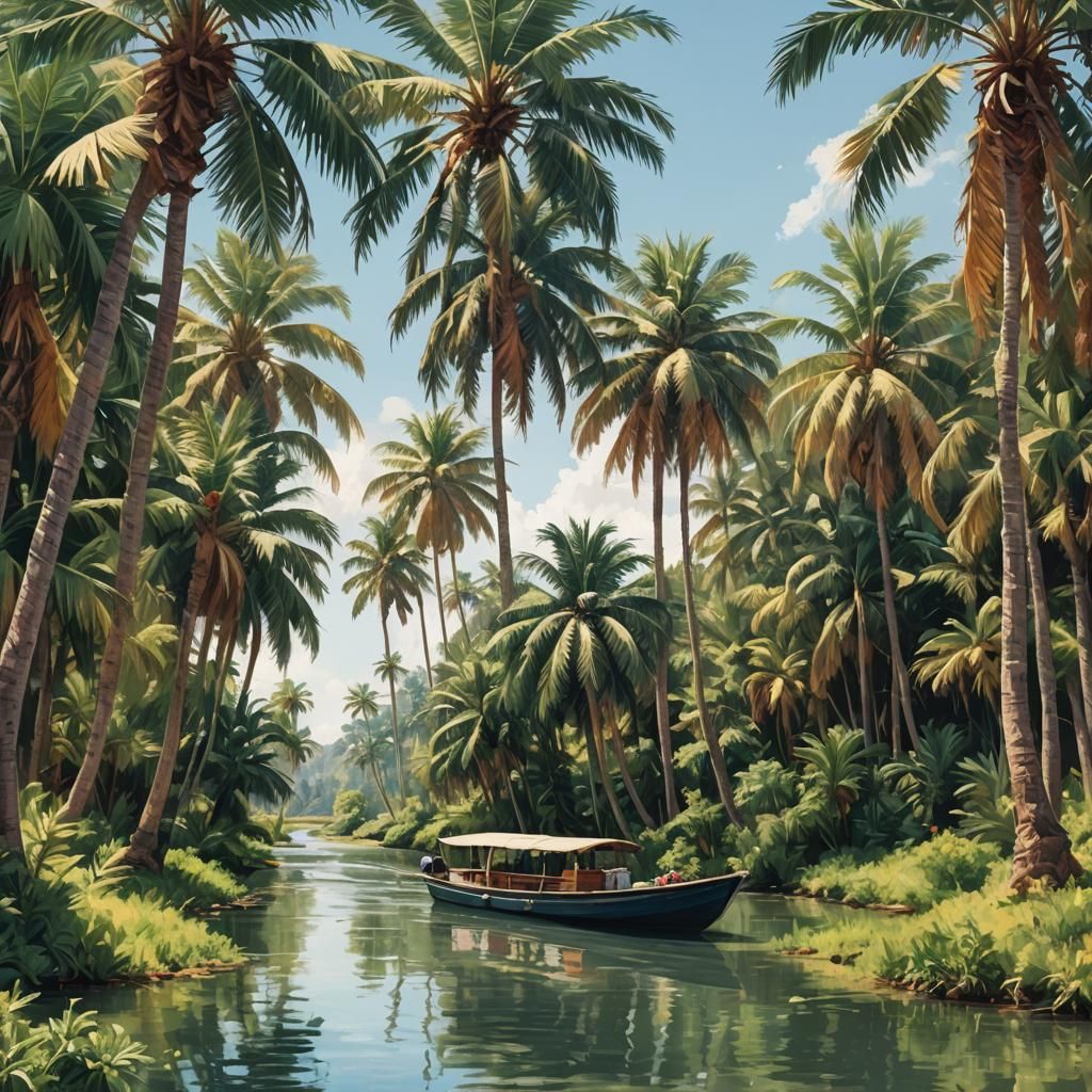 Tropical River Boat Ride Among Palm Trees