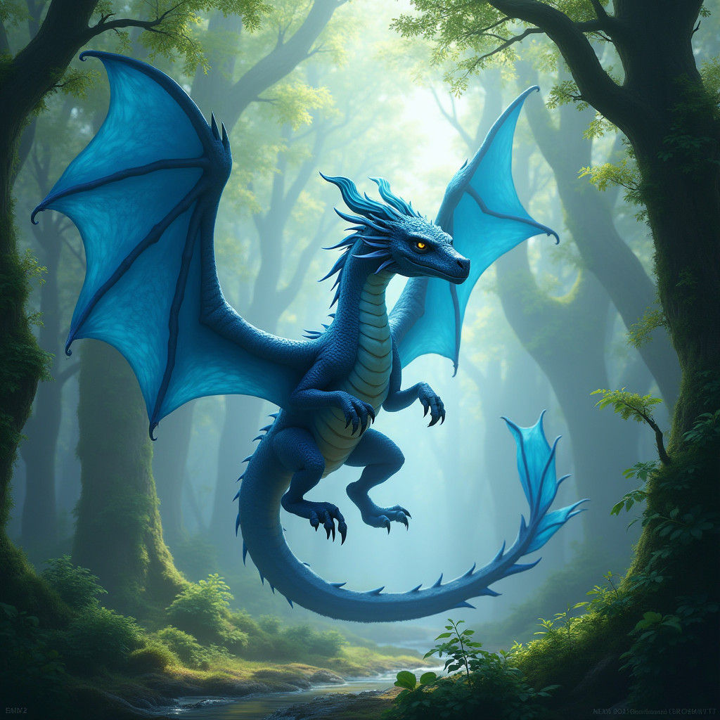 Majestic Blue Dragon Soaring Through Ancient Forest