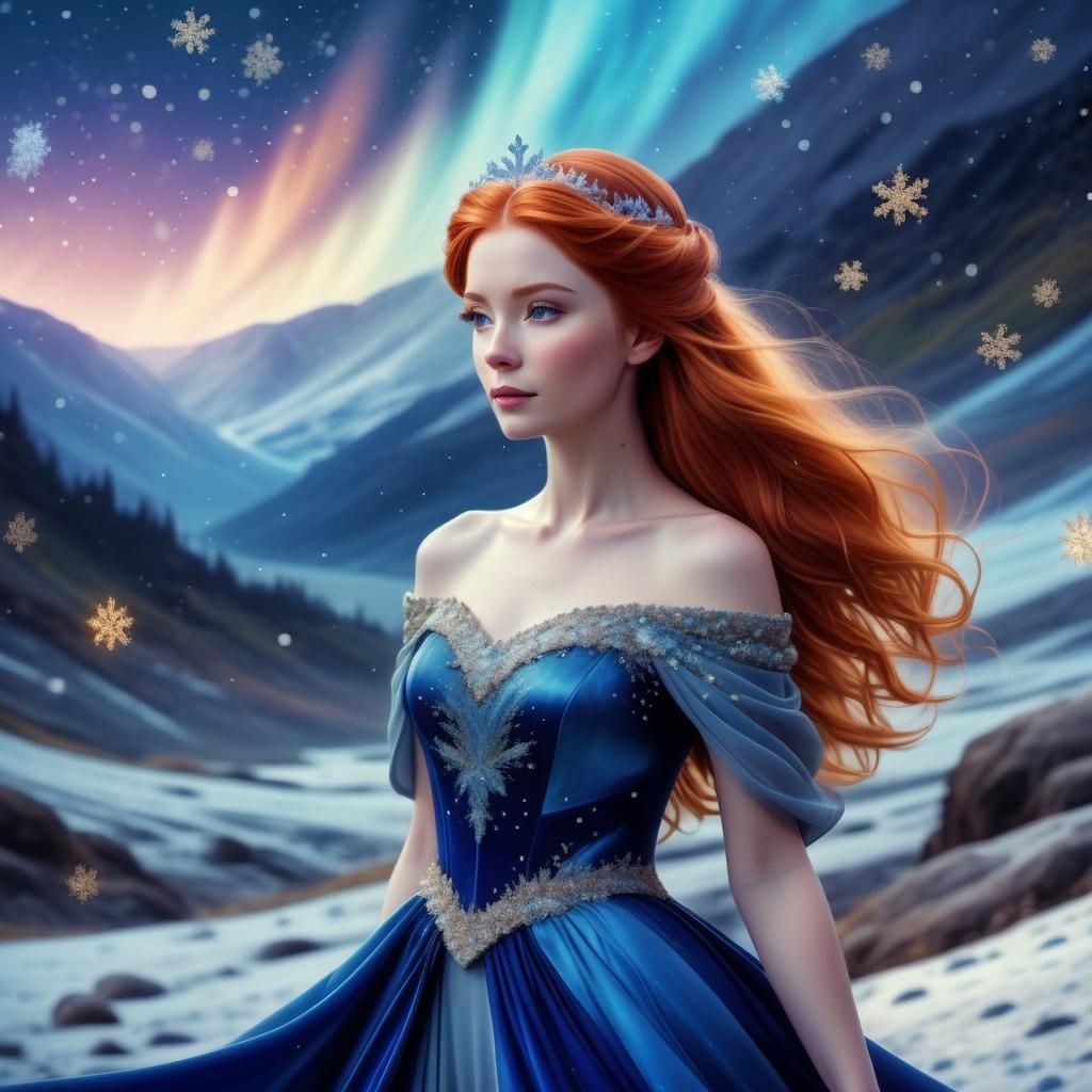 Red-Haired Princess in Aurora Landscape: Digital Painting