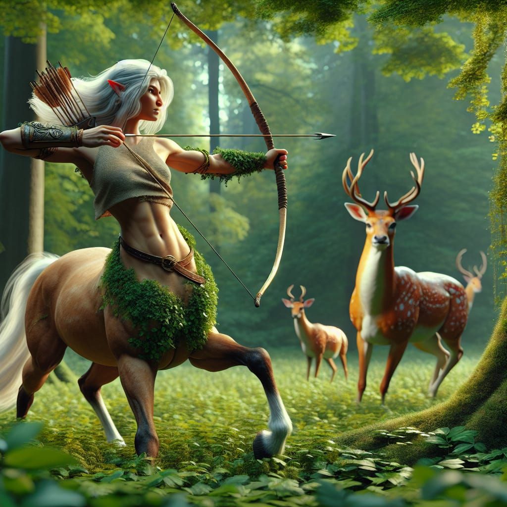 Centaur Hunt: Hyperrealistic Archery in a Lush Forest