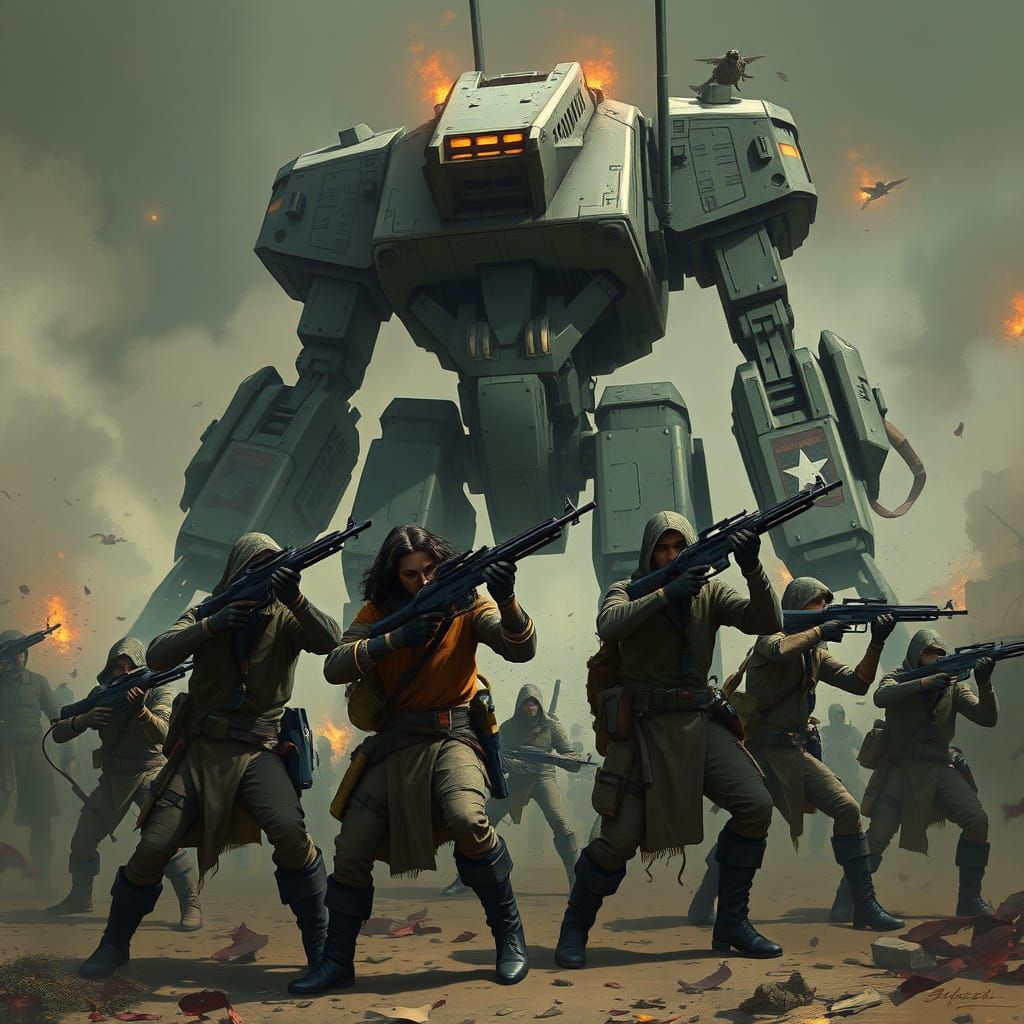 Cyberpunk Warlords Battle a Metallic Behemoth