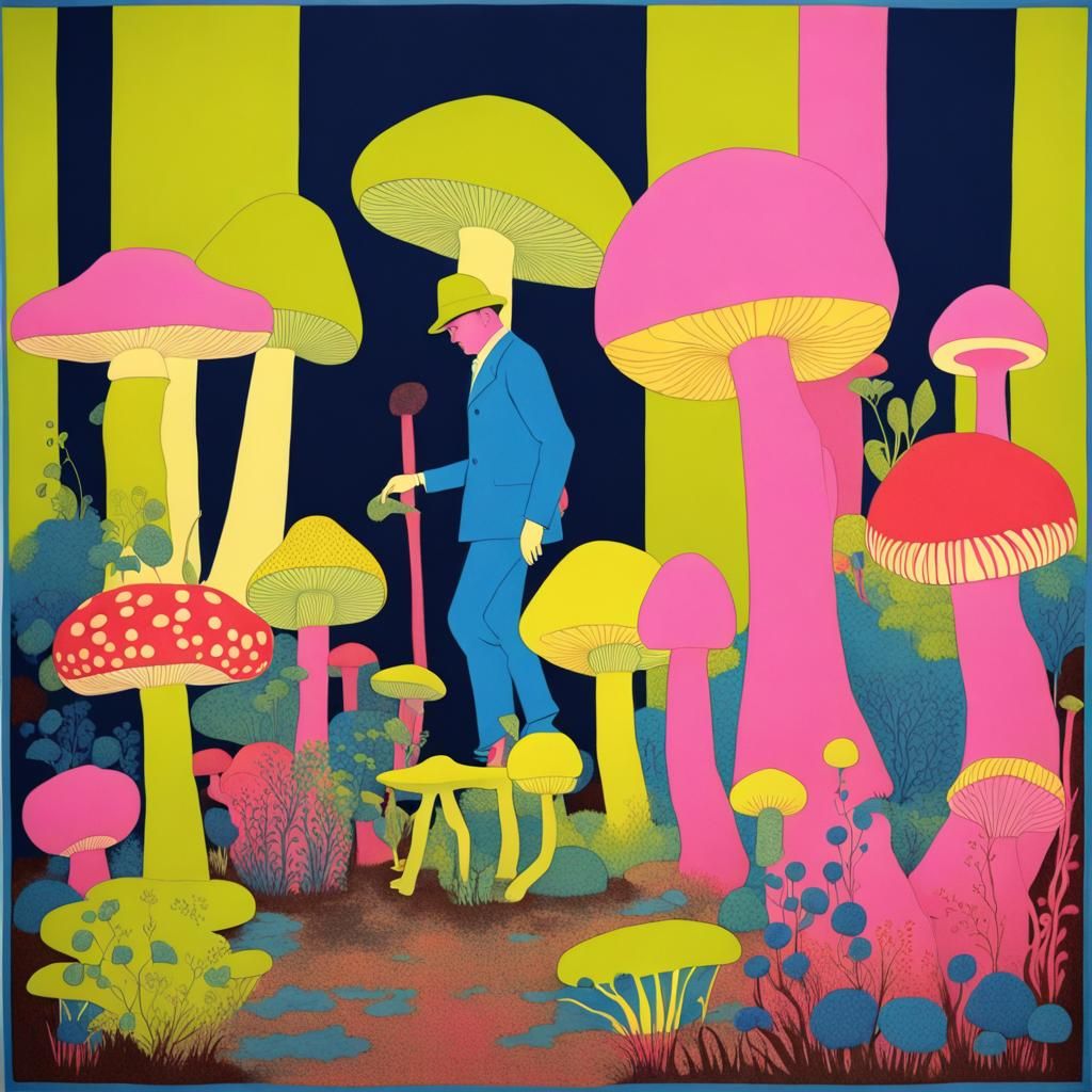 Psychedelic Mushroom Gardener in Art Deco Style