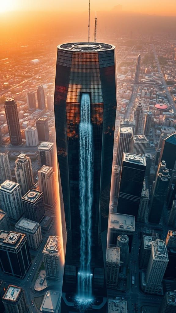 Golden Hour Metropolis with Waterfall Skyscraper in Drone Ph...