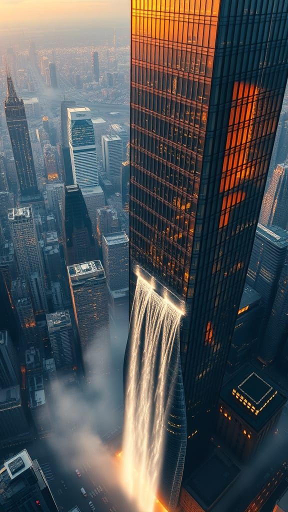 Cityscape with Waterfall at Golden Hour