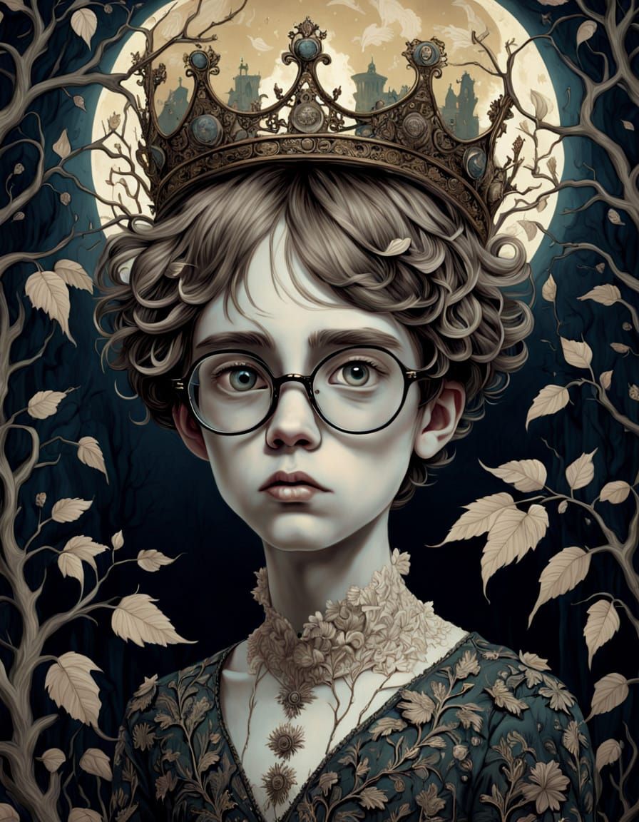 Surrealist Youth Amidst Broken Dreams and Moonlit Ruin