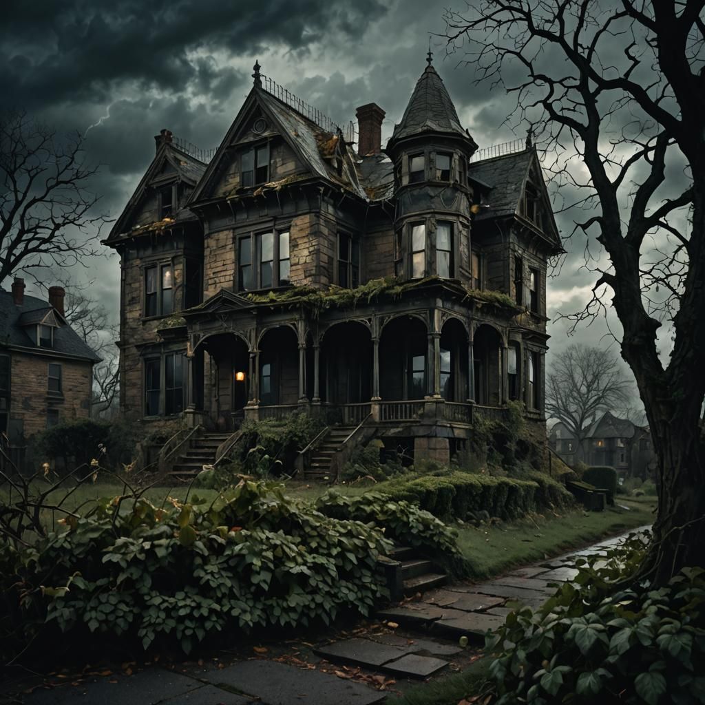 Eerie Victorian House with Ghosts in Dark Romanticism