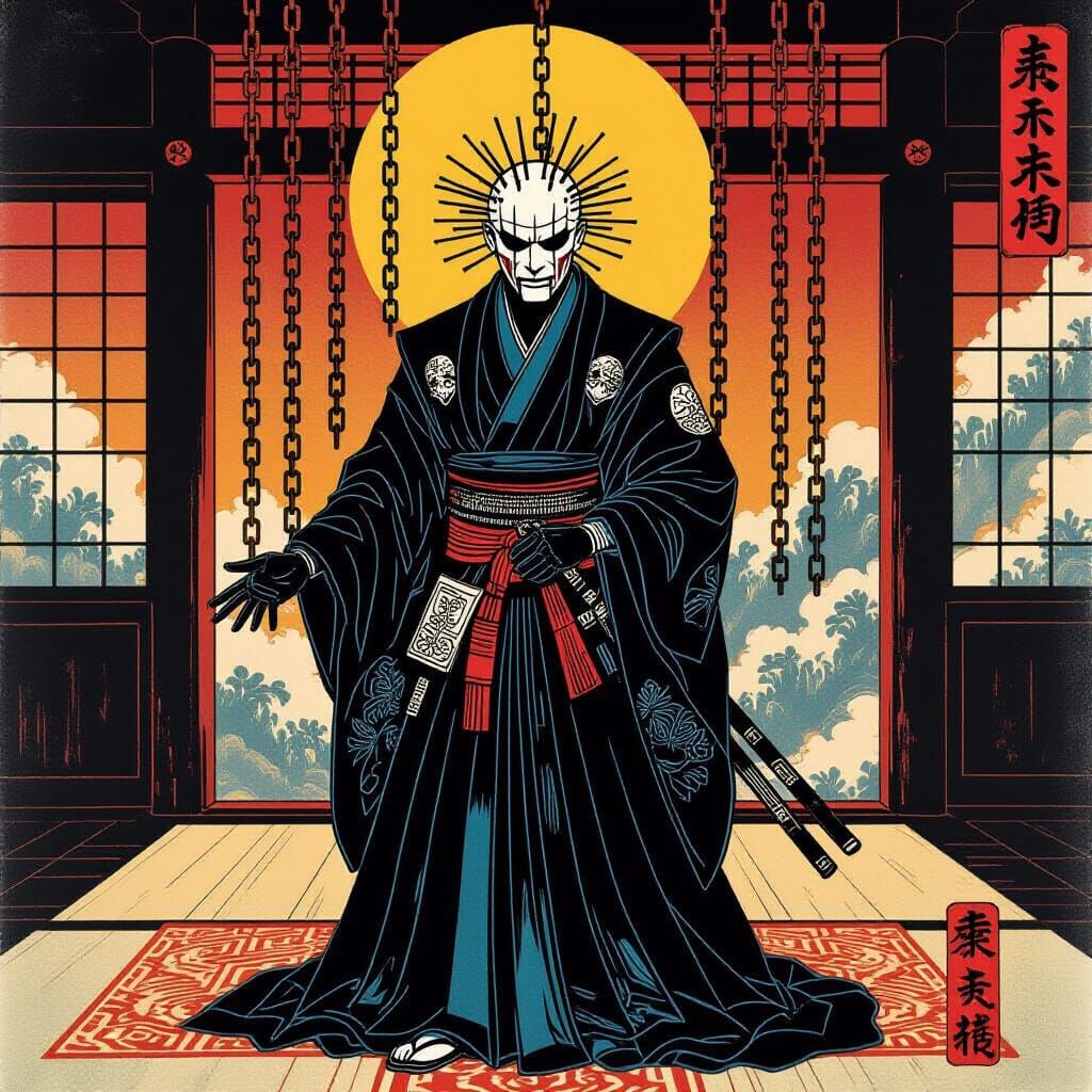 Ukiyo-e Hellraiser Scene with Pinhead in Japanese Gothic Roo...