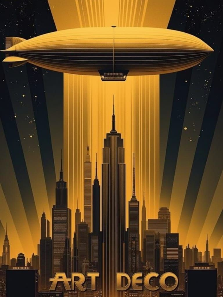 Elegant Retro-Futuristic Airship Poster in Art Deco Style