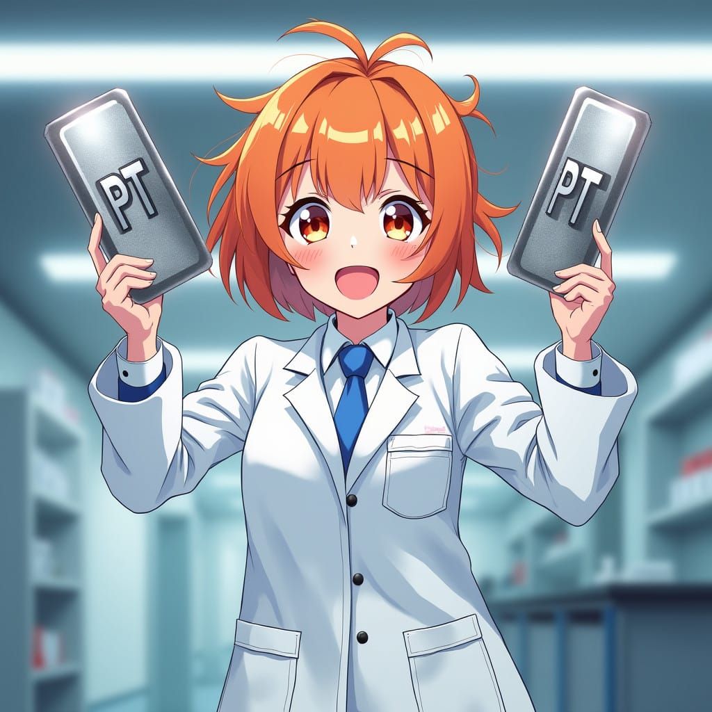 Anime Researcher Holds Up Platinum Bar in Futuristic Lab